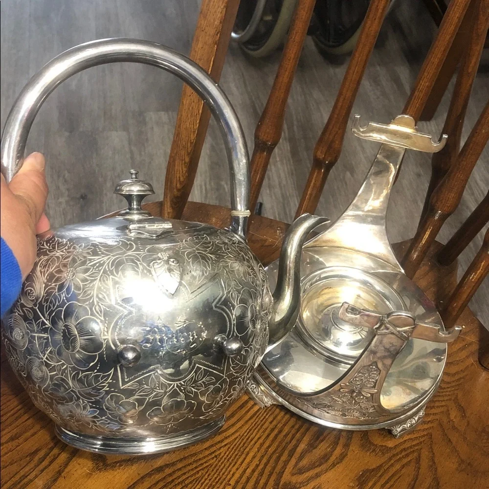 Ornate Silver-Finish Tea Kettle with Stand - Decorative Serving Piece